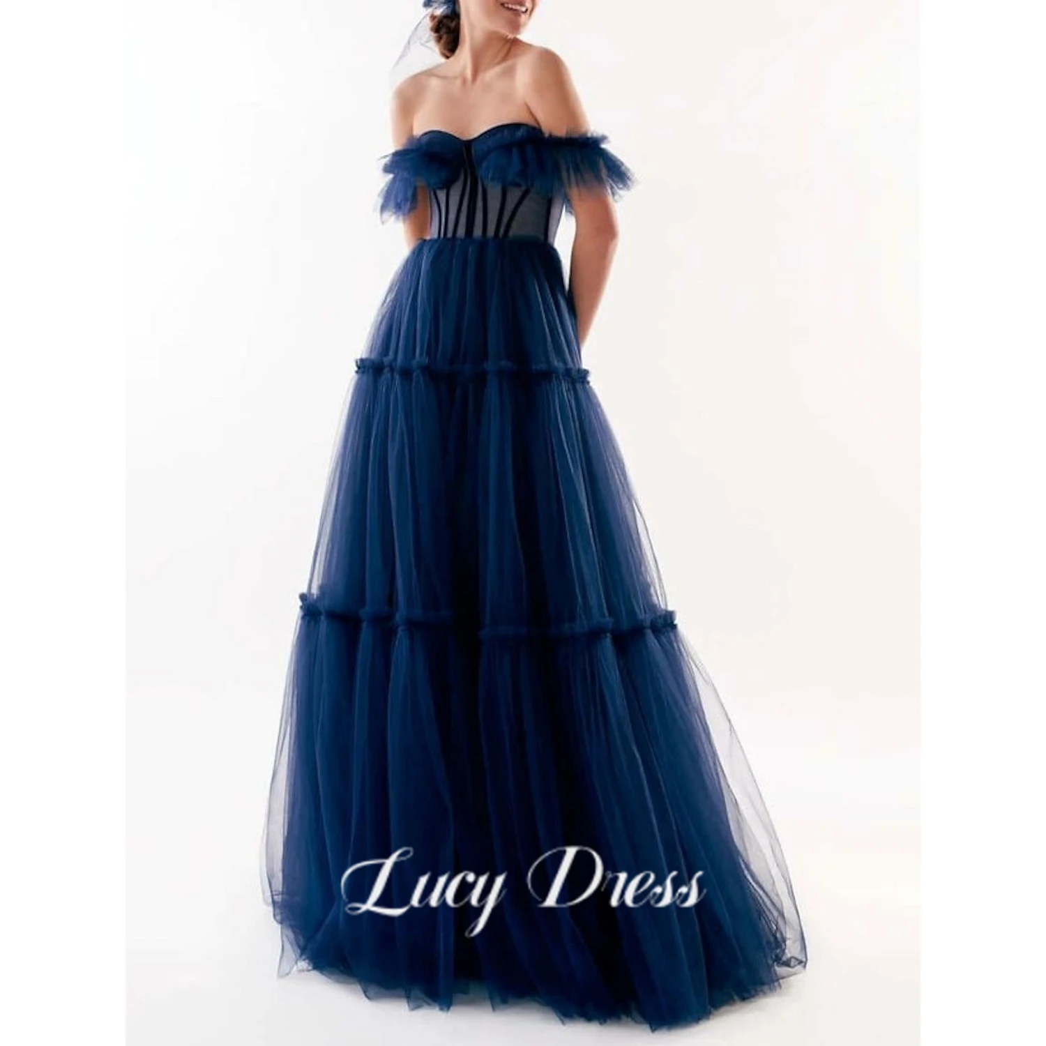 

Lucy Bridesmaid Long Dresses for Wedding Party Dresses and Events Line A Navy Blue Ball Gowns Graduate Mesh Strapless Evening