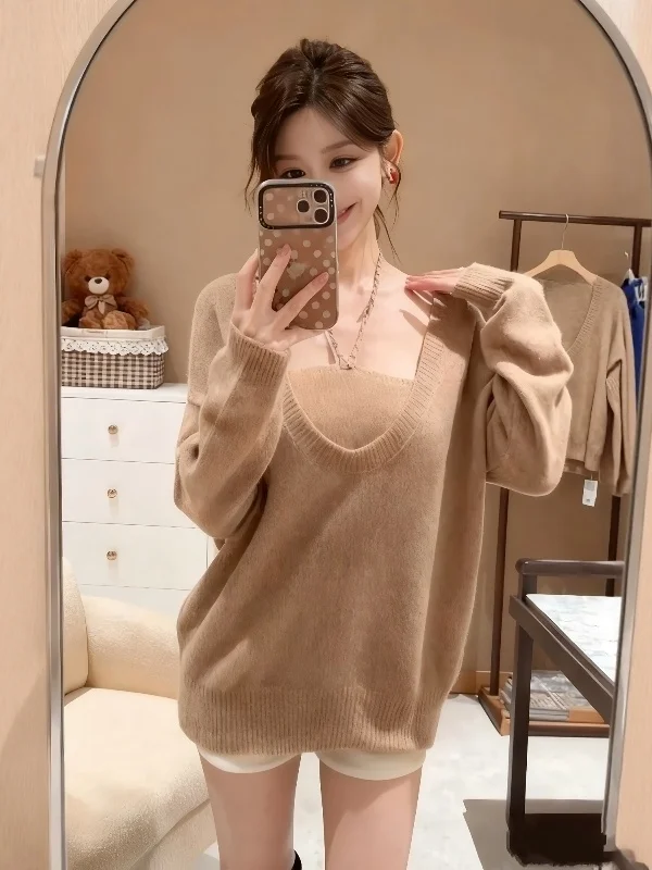 

Корейский вязаный комплект из двух предметов: свитер с V-образным вырезом и жилетка для женщин, осенне-зимний, облегающий, создающий ощущение комфорта