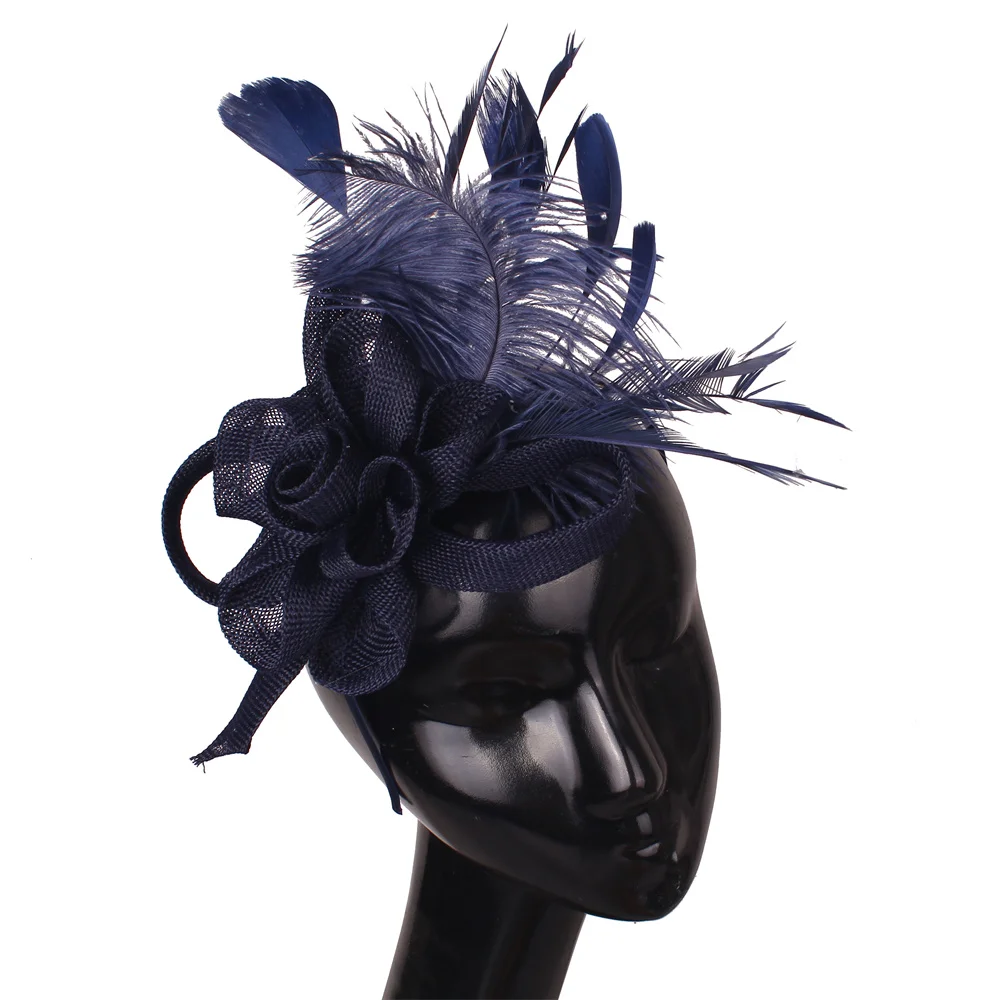 Navy Wedding Women Headwear Elegant Ladies Fascinator Hat Fancy Feather Decor Hair Accessories Bridal Mariage Party Headdress