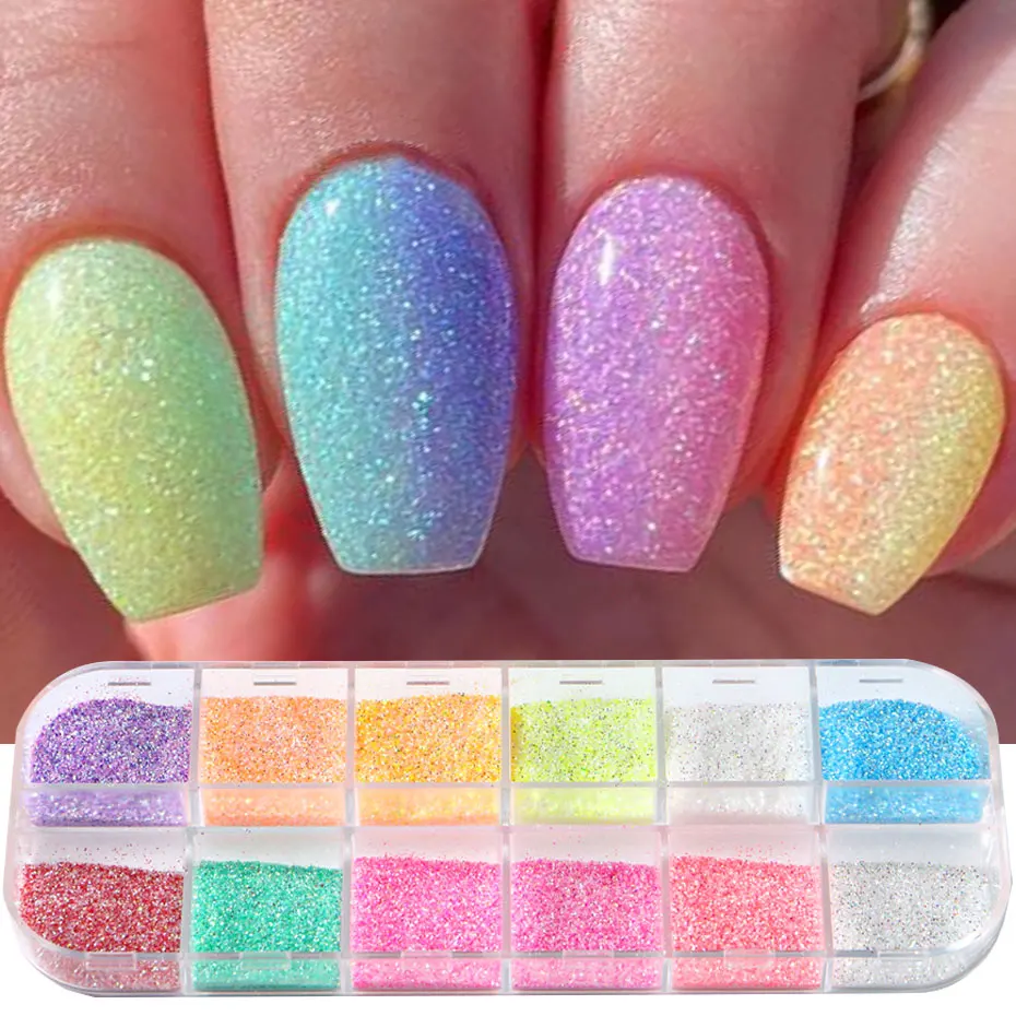 12 Grids Sparkly Fine Sugar Nail Powder Diamond Chrome Pigment Dust For Manicure Fluorescent Effect Dust Nail Art Accessories