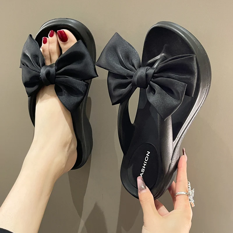 Pink Big Bowknot Wedge Flip Flops for Women Summer 2023 Clip Toe Platform Sandals Woman Thick Sole Non Slip Beach Slide Slippers