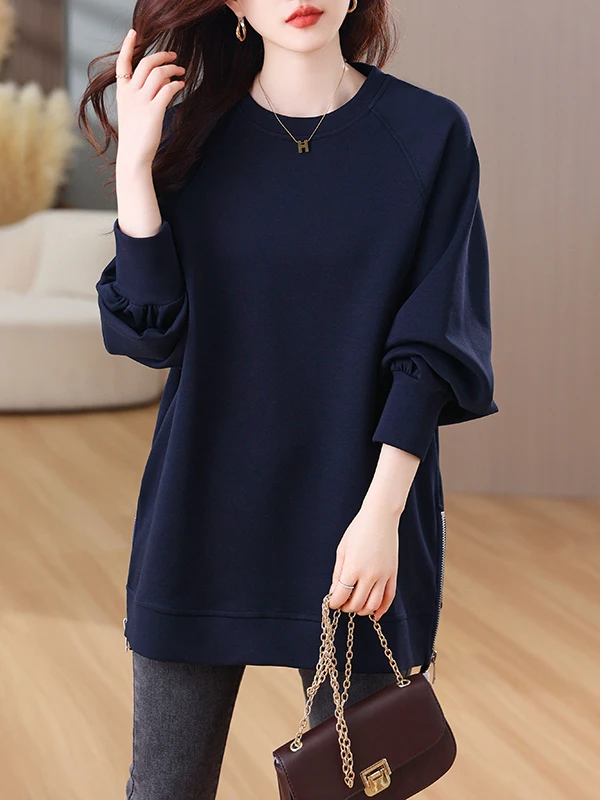 Simple Loose Hoodie Women's Casual Long Sleeve Zipper Side Design Label Removed Autumn Season Fashion Retro Style Garment