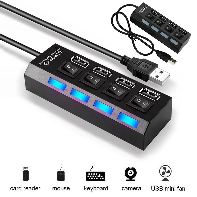 4 In 1 USB Hub Multiple Expander With ON/OFF LED Switch Multi Port Splitter Adapter For Laptops Desktop Computer Accessories Kit