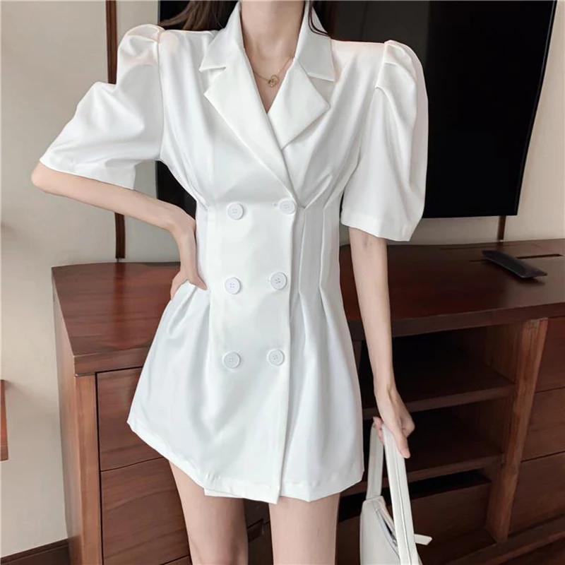 GIDYQ Elegant Puff Short Sleeve Blazer Dress Women Korean Double Breasted Office Ladies Slim Dresses White All Match Suit Dress