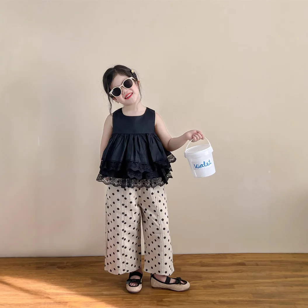 

Girls Set 2025 Summer New Childrens Wear Girl Baby Lace Double-layer Vest Doll Shirt Polka Dot Straight-leg Pants Two-piece