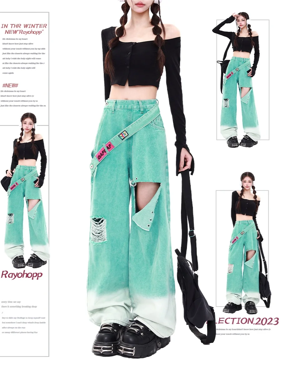 

Women Green Y2k Baggy Jeans Vintage Oversize Cowboy Pants Harajuku Gradient Hollow Out Denim Trousers Straight Denim Pants