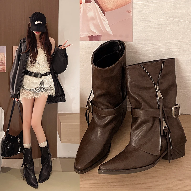 Woman Boots Knee High Platform Chunky Heels Trend Punk Gothic New Rock Leather Fashion Women's Shoes Motorcycle Footwear Amq1263