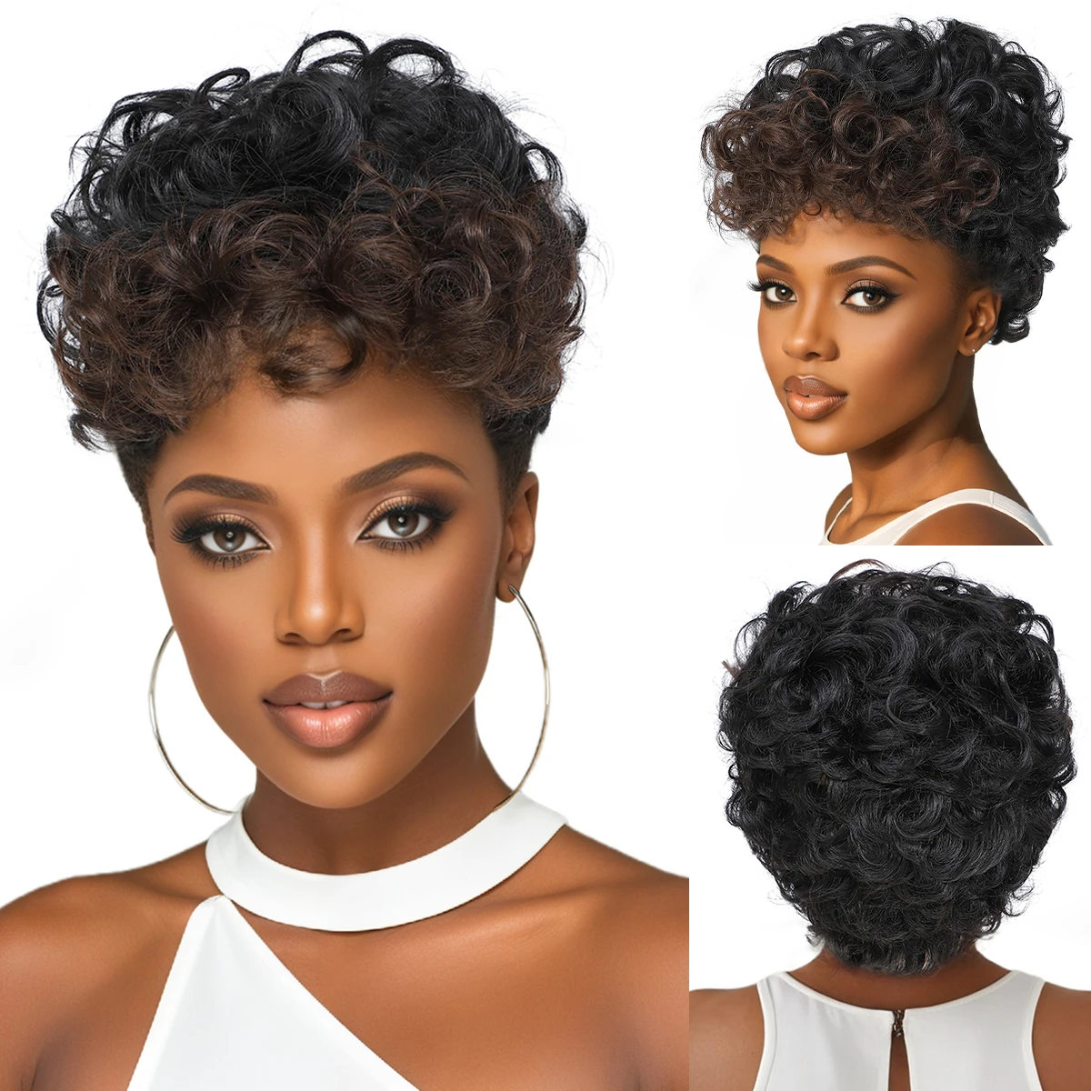 

High temperature silk African short wig set, black brown color blocked fluffy fake headband Synthetic fiber wig