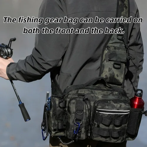 Imagen 2 del producto Mochila para equipo de pesca para hombre, mochila con correa de un solo hombro, mochila táctica, bolsillo de transporte, bolsa de red de pesca, práctica