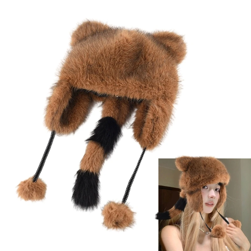 Warm Plush Raccoon Hat for Winter Skull Caps Furry Faux Furs Hat Outdoor Headwear Skiing Mountain Climbing Coldproof Caps