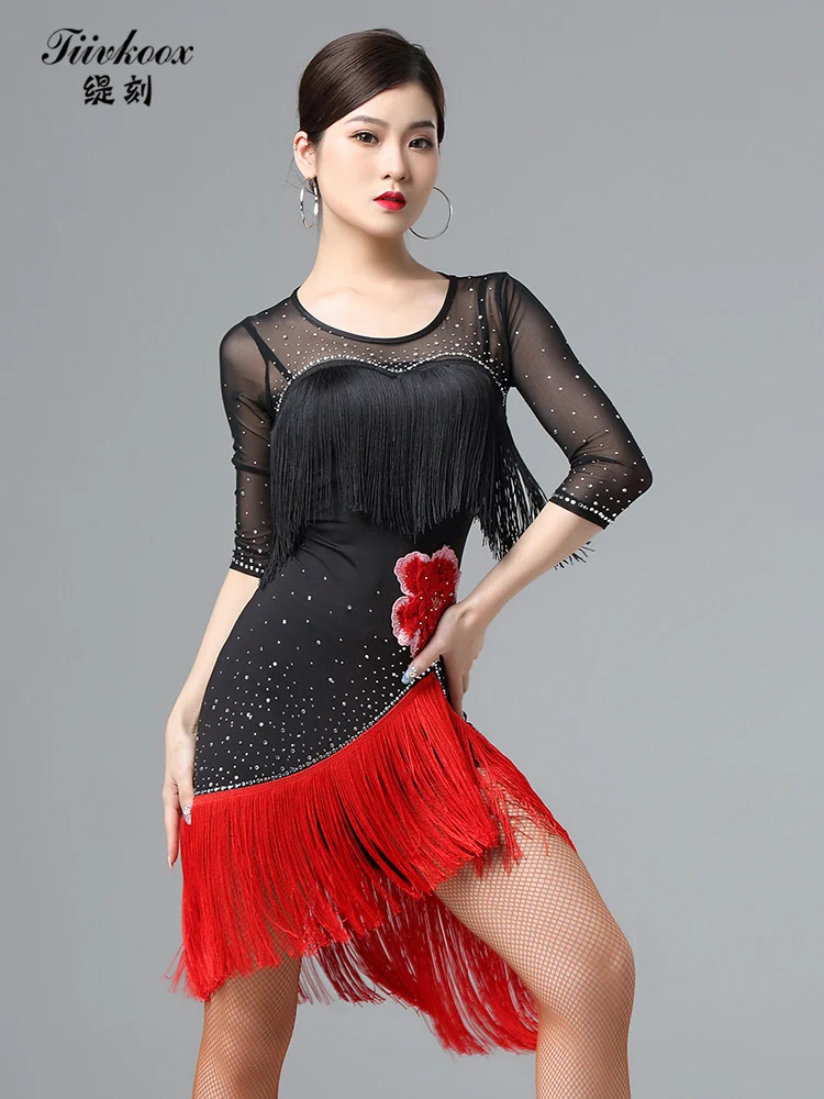 

New Latin Dance Costume Female Adult Performance Practice Clothes Tassel Latin Dance Dress Group Performance Costume 7006