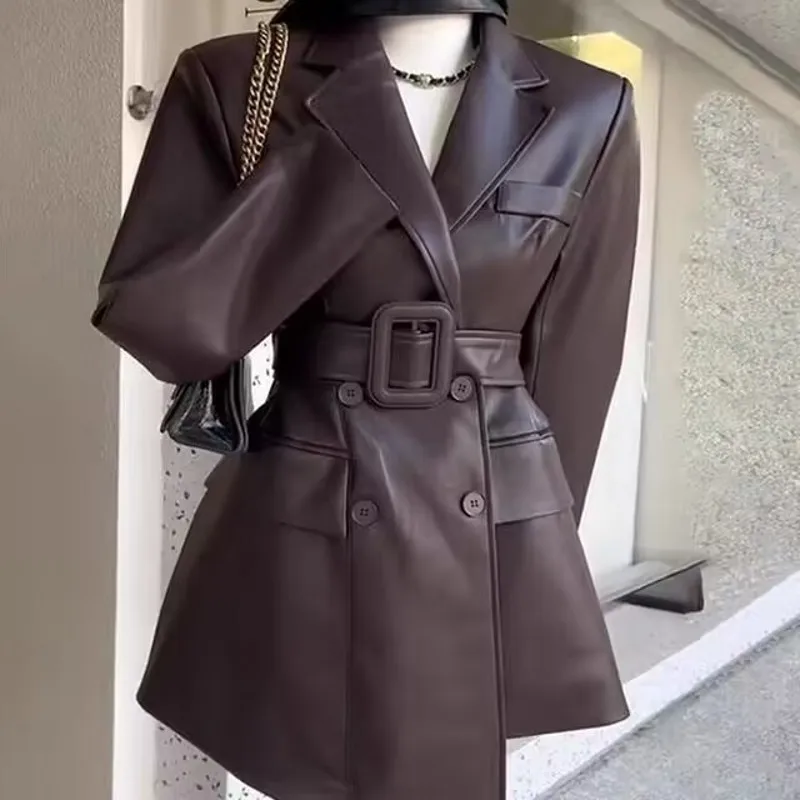 Autumn Black Soft Light Faux Leather Jackets for Women 2024 Deep lapel Belt Elegant Luxury Korean Fashion