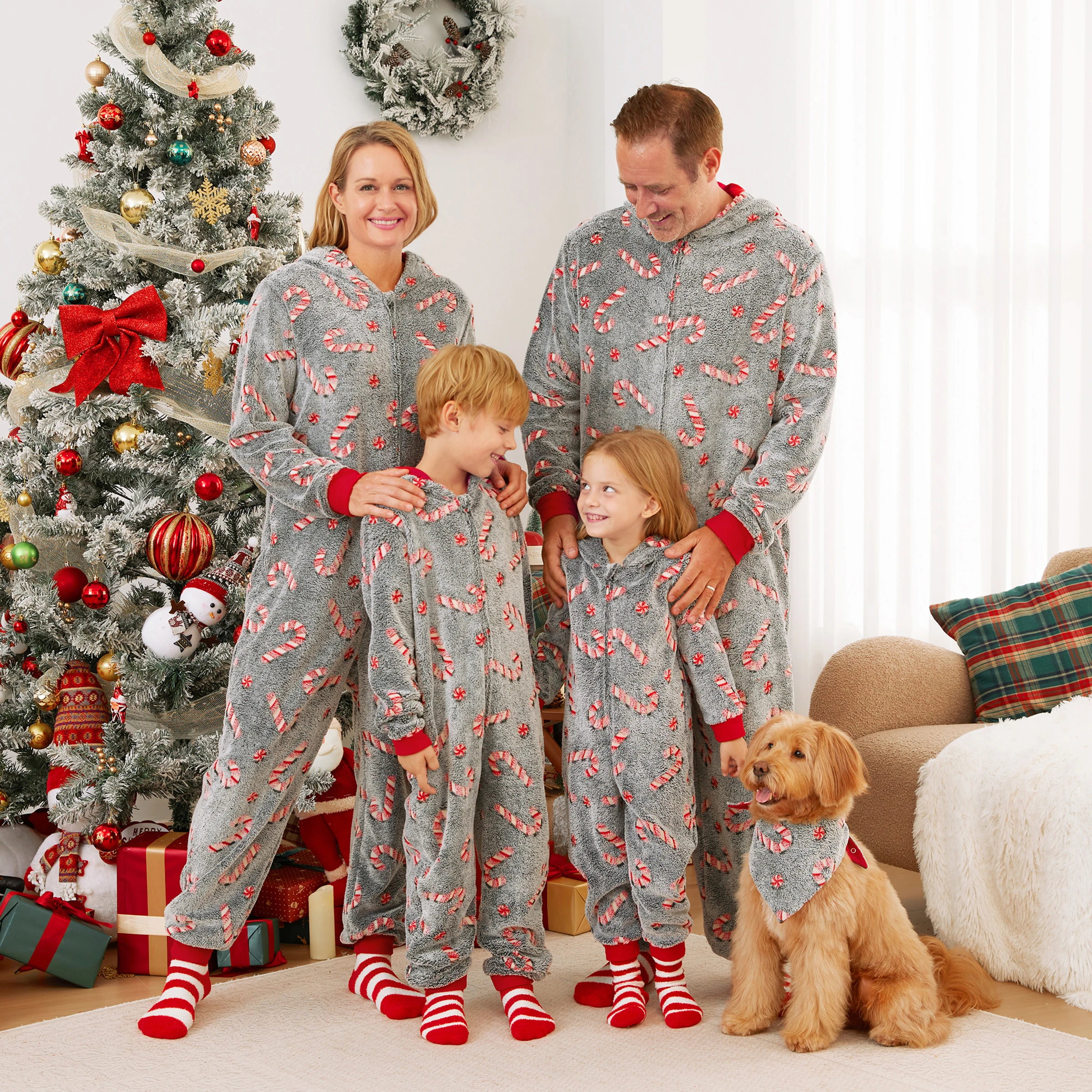 PatPat Onesies Pajamas Matching Christmas Outfits Candy Cane Pattern (Glow in the Dark)