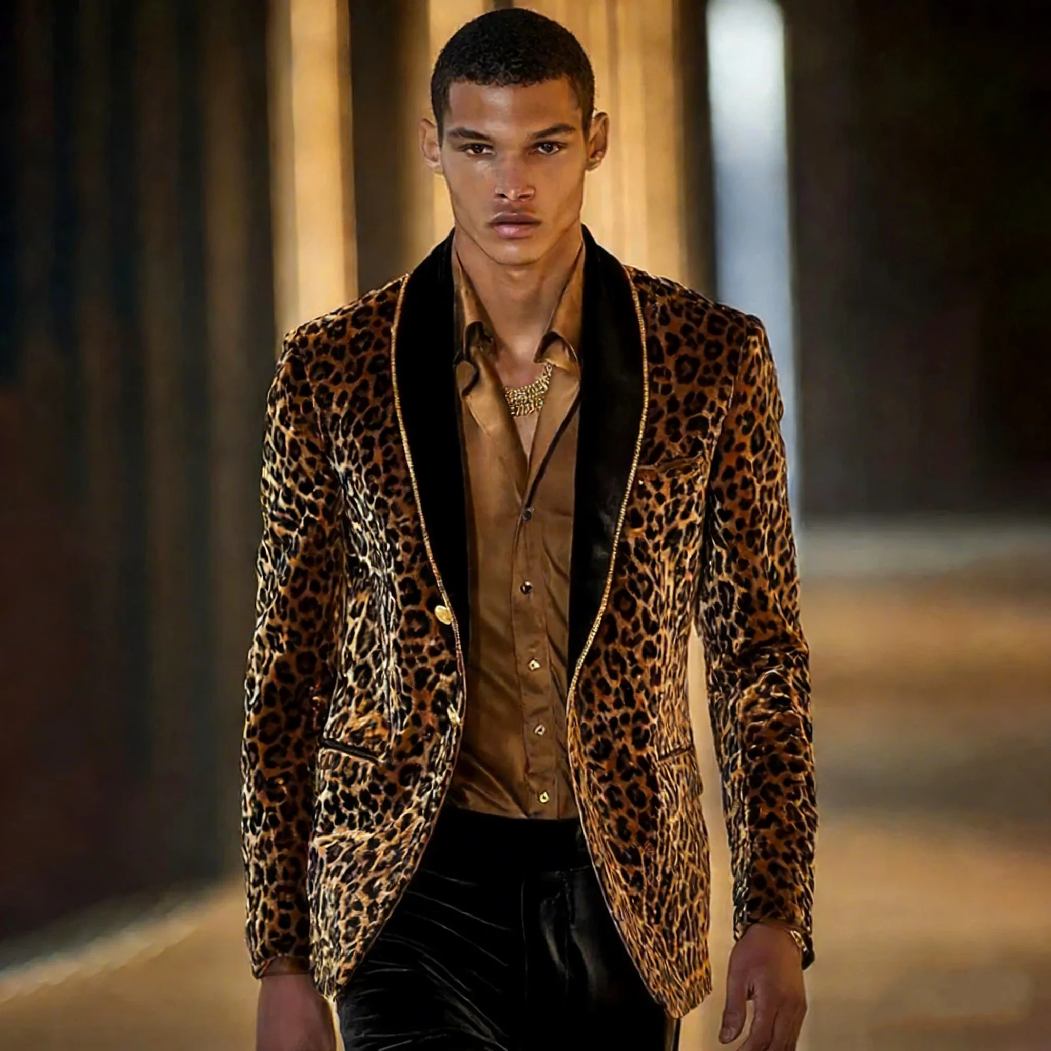 

Handsome Men Suits 2 Pieces Leopard Print Jacket Black Pants Single Breasted Shawl Lapel Groom Casual Prom Custom Male Clothing