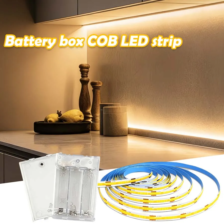 Battery-powered COB LED light strip (batteries not included), warm/white/pink/ice blue light, flexible and portable.