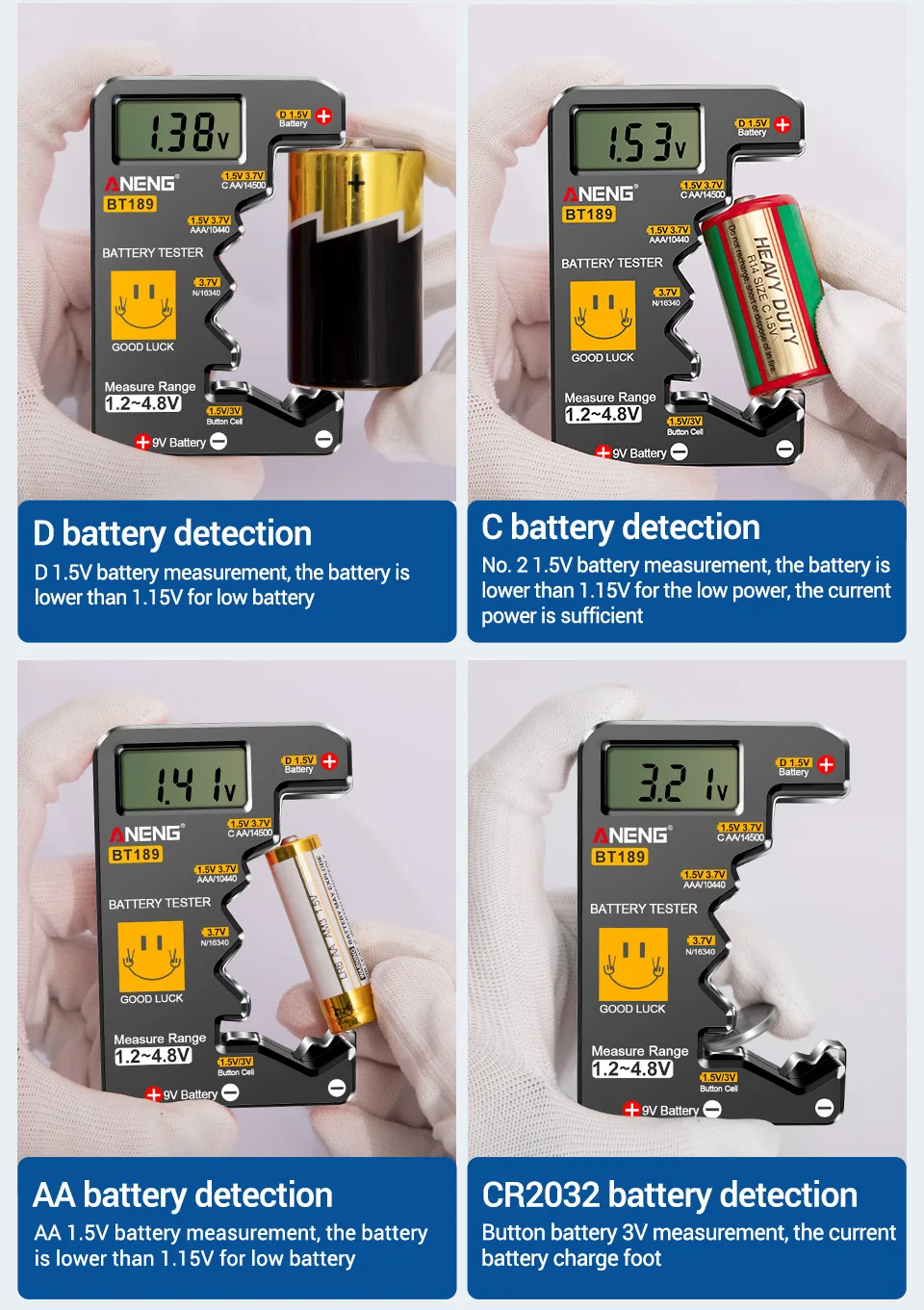 ANENG BT189 Batterietester kann AA/AAA/C/D/9V/Knopfbatterien messen, Haushalts-LCD-Display, hochpräziser Leistungstester. – Detail 8