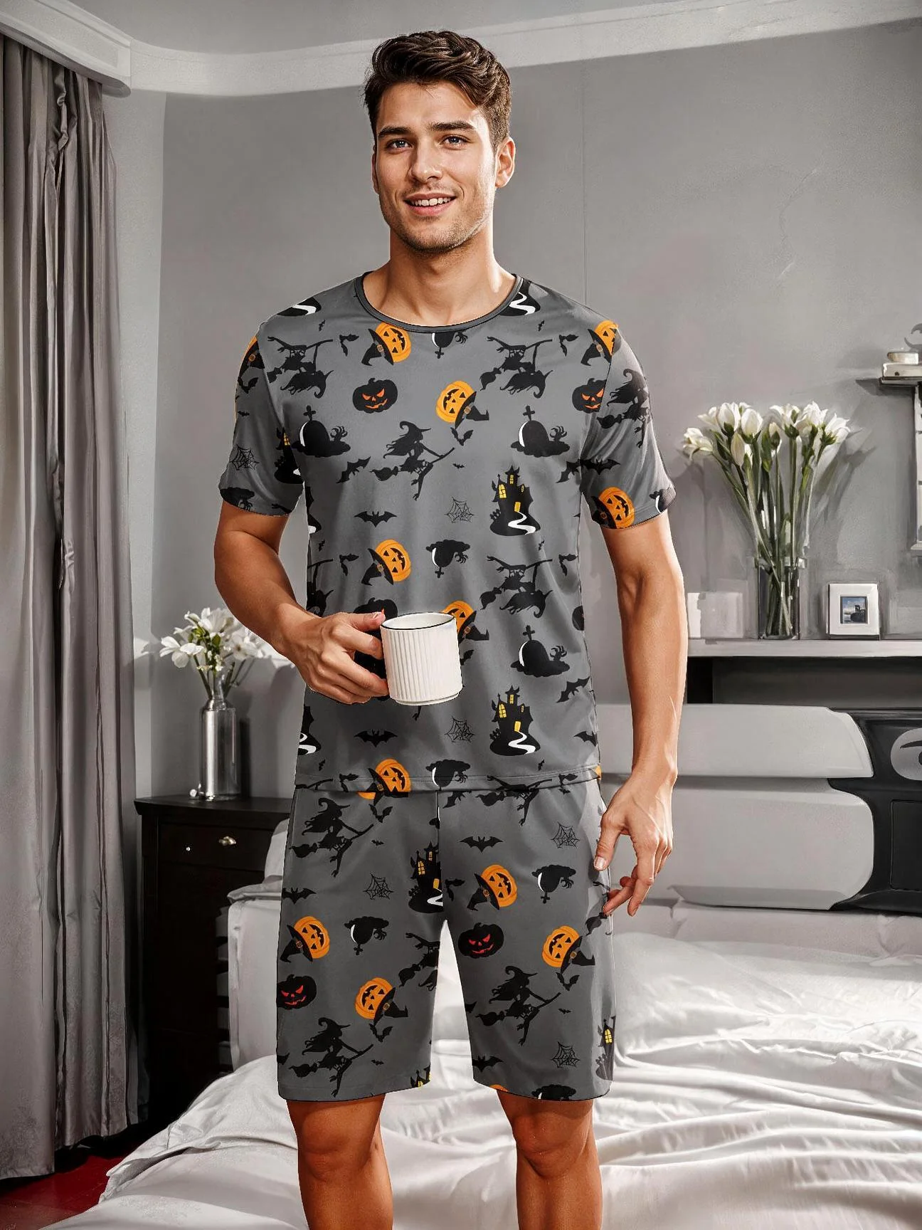 Men's Pajamas and Loungewear Halloween-Themed Fun Print Short Sleeve+Shorts Loungewear 1 Top+1 Pants Suitable for Halloween Gifts
