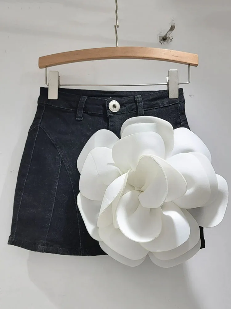 

Vintage Three Dimensional Large Flower Denim Short Skirt Female Fashion Black Blue Women's Bottom 2024 Spring Summer X832