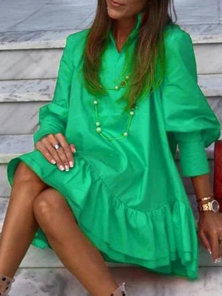 2023 Autumn New Women's Solid Color Long Sleeve Dress Women's Vintage Style Casual Long Dress with Ruffled Edge Mini Dress