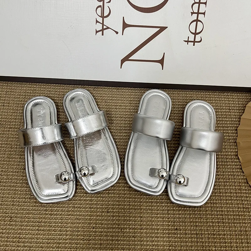

Kids'Casual Shoes PU Leather Summer Flip-Flops Fashion Slipper For Girls Breathable Soft Bottom Anti-slip Silver Size 25-36