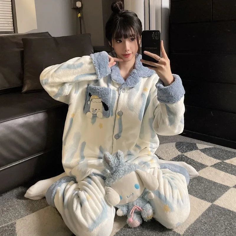 Pigiama in velluto corallo Pochacco di alta qualità Cute Cartoon Girls caldo autunno inverno set di vestiti per la casa per studenti grassi di grandi dimensioni