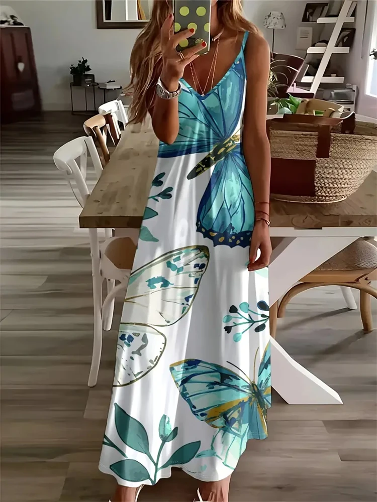 Fashionable Black and White Floral Print Women\'s Dress Sexy Elegant Sleeveless Halter Dress Summer Ladies Home Casual Nightgown