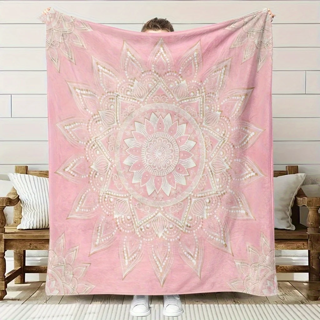 One Comfortable Pink Mandala Theme Pattern Flannel Blanket, Soft High-Definition Digital Print, Suitable for All Seasons! Perfec