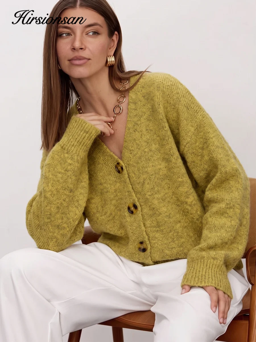 Hirsionsan Elegant Long Sleeve Sweater Women 2026 New Single-Breasted Female Casual Cardigan Soft Elegant Wool Knitted Outwear