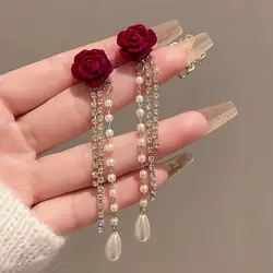 Tassel Dangle Earrings Simple Red Rose Pearl Sweet Jewelry Shiny Rhinestone Bow Korean Style Earrings Female