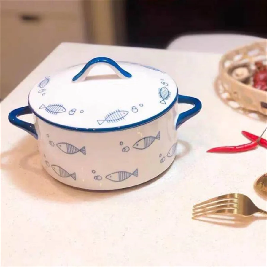 1pc ceramic double ear bowl with cover, 1000ml/34oz Noodles in soup bowl, 15cm/6inch microwave oven bowl