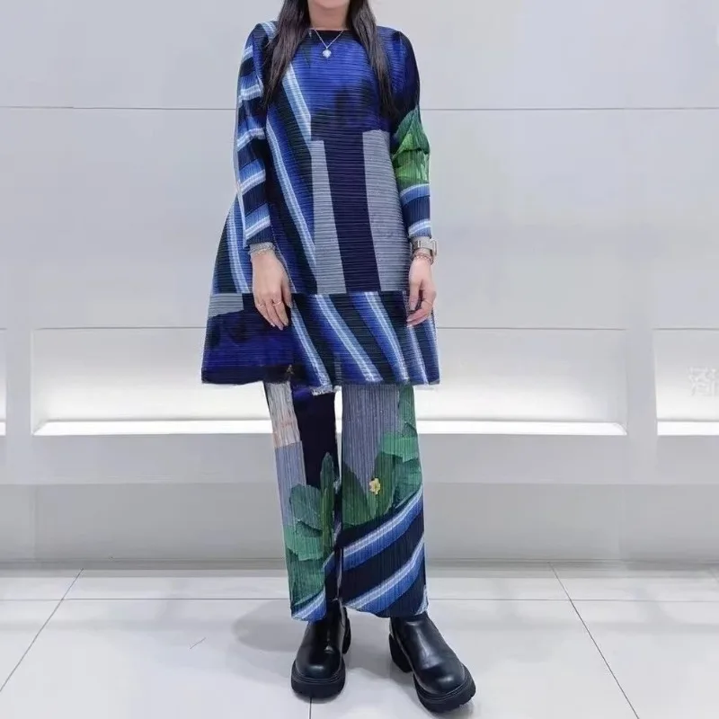 

Кардиган-жакет плиссе Miyake 2026: Новинка Весны, с принтом, цветовыми блоками, длинный, эластичный топ, брюки большого размера, женский свободный повседневный костюм