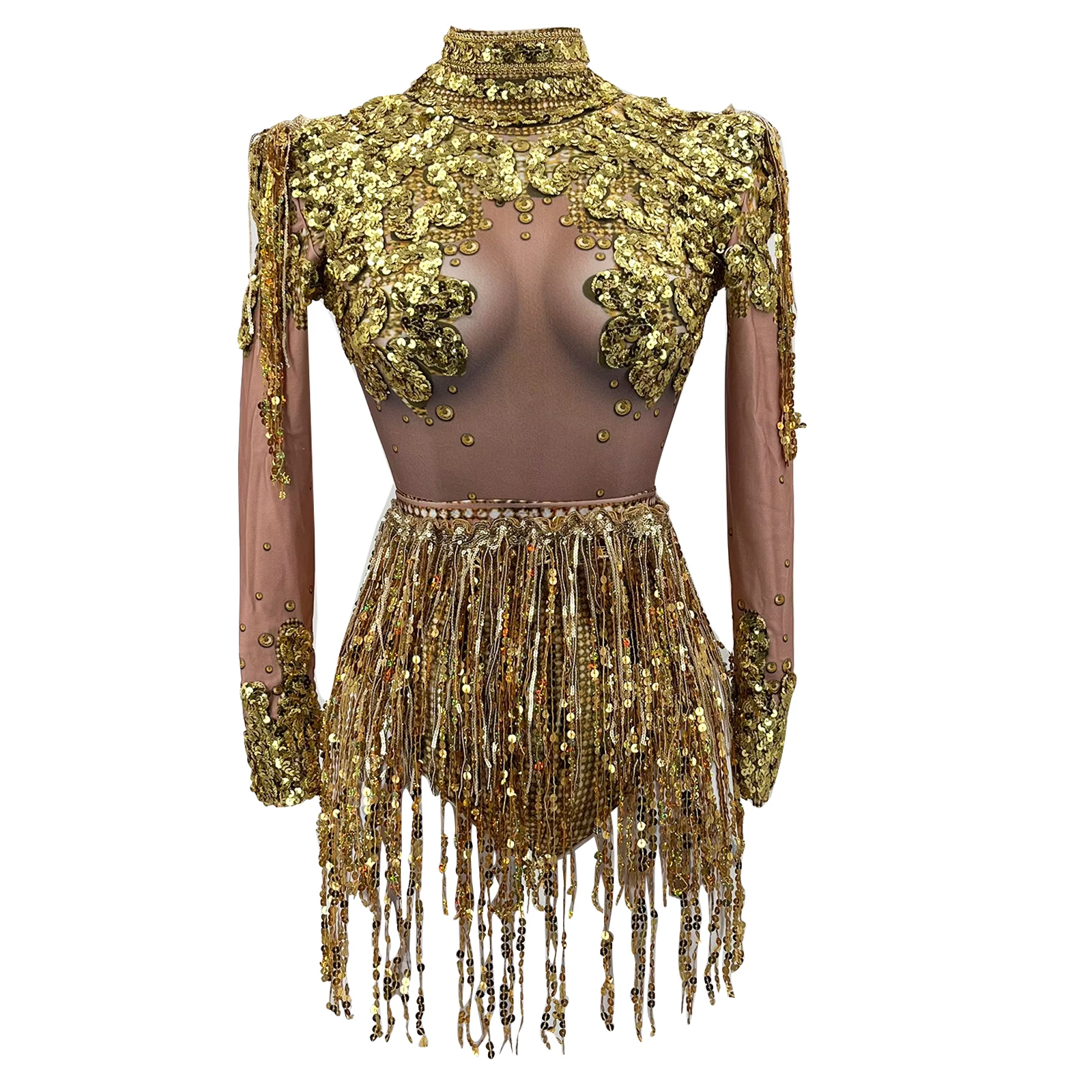 sexy two piece gold silver sequin tassels bodysuit stage outfit dress women pole dance nightclub party wear drag queen costumes