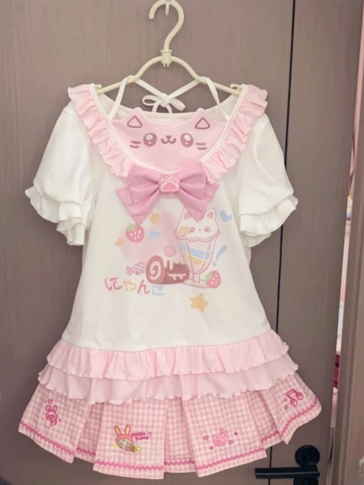 Japanisches rosa und weißes süßes Rock-Set für Damen mit Schleife, Bommel-Detail und Tierdruck, süßes Frühlings-Set für Freizeitkleidung 2023