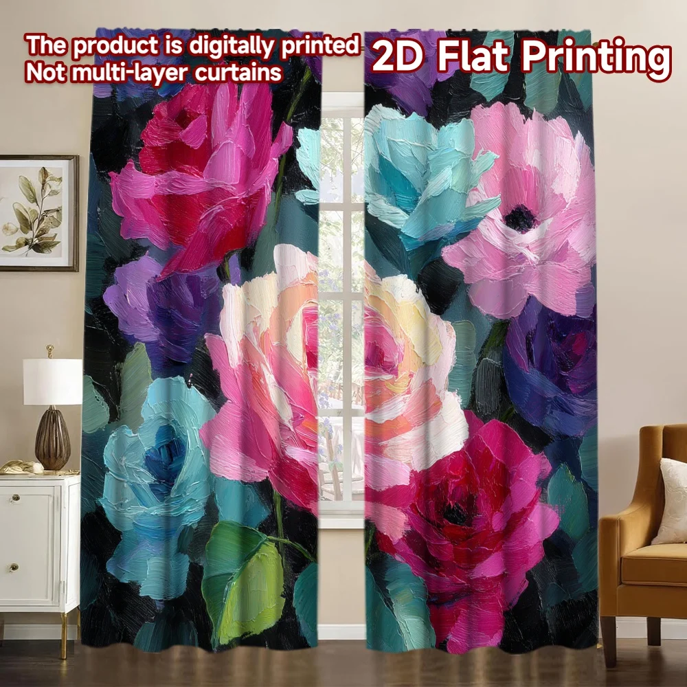 2D Flat Printing,2pcs Colorful Rose Bouquet Fashionable Popular Curtains Versatile Polyester Fabric Curtains Decorations