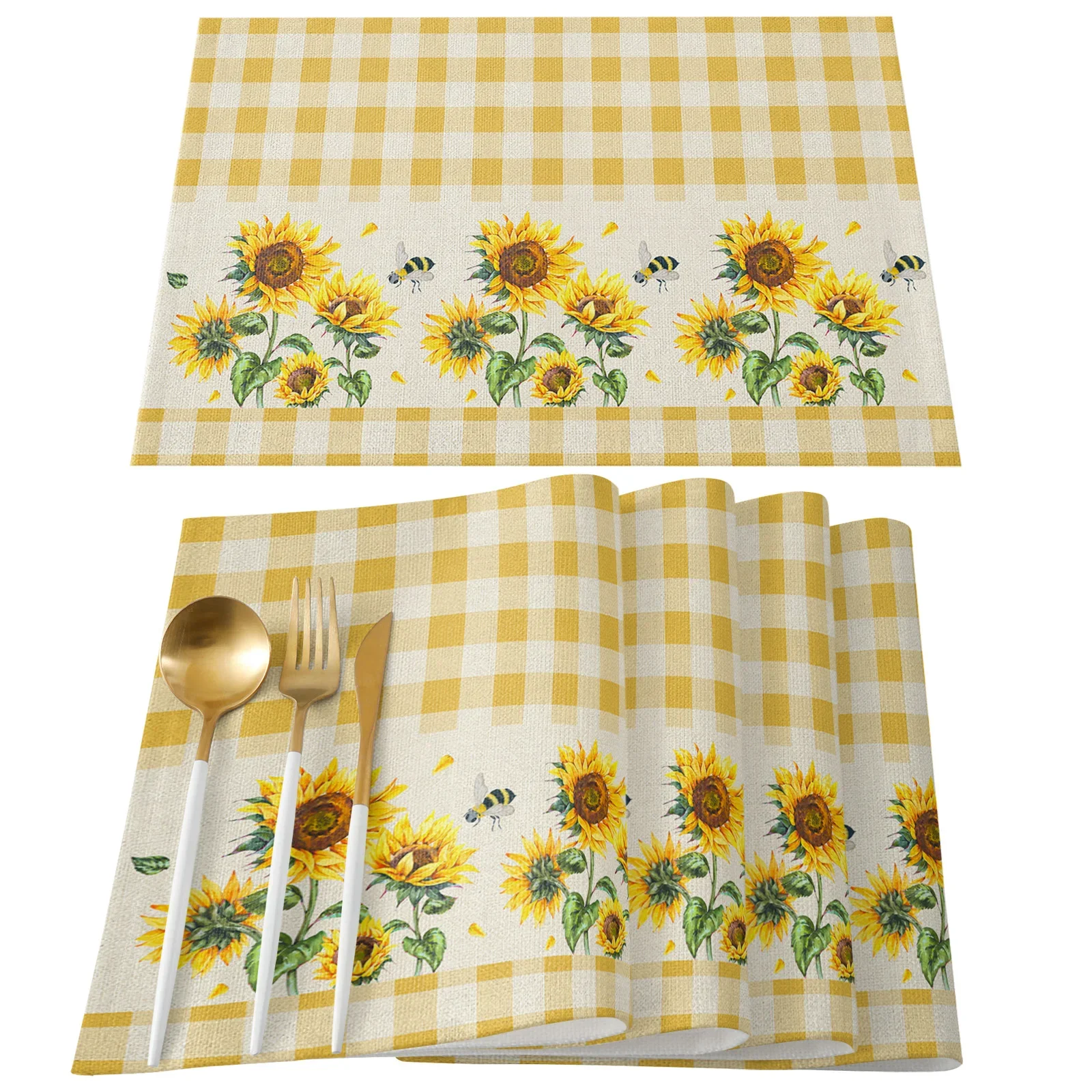 4PCS Watercolor Sunflower Bee Print Kitchen Dining Table Decor Accessories Placemat Heat Resistant Linen Tableware Pads Mats