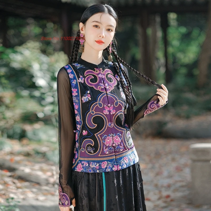 

2024 chinese vintage hanfu tops traditional jacquard vest national flower embroidery sleeveless jacket ethnic tang suit vest