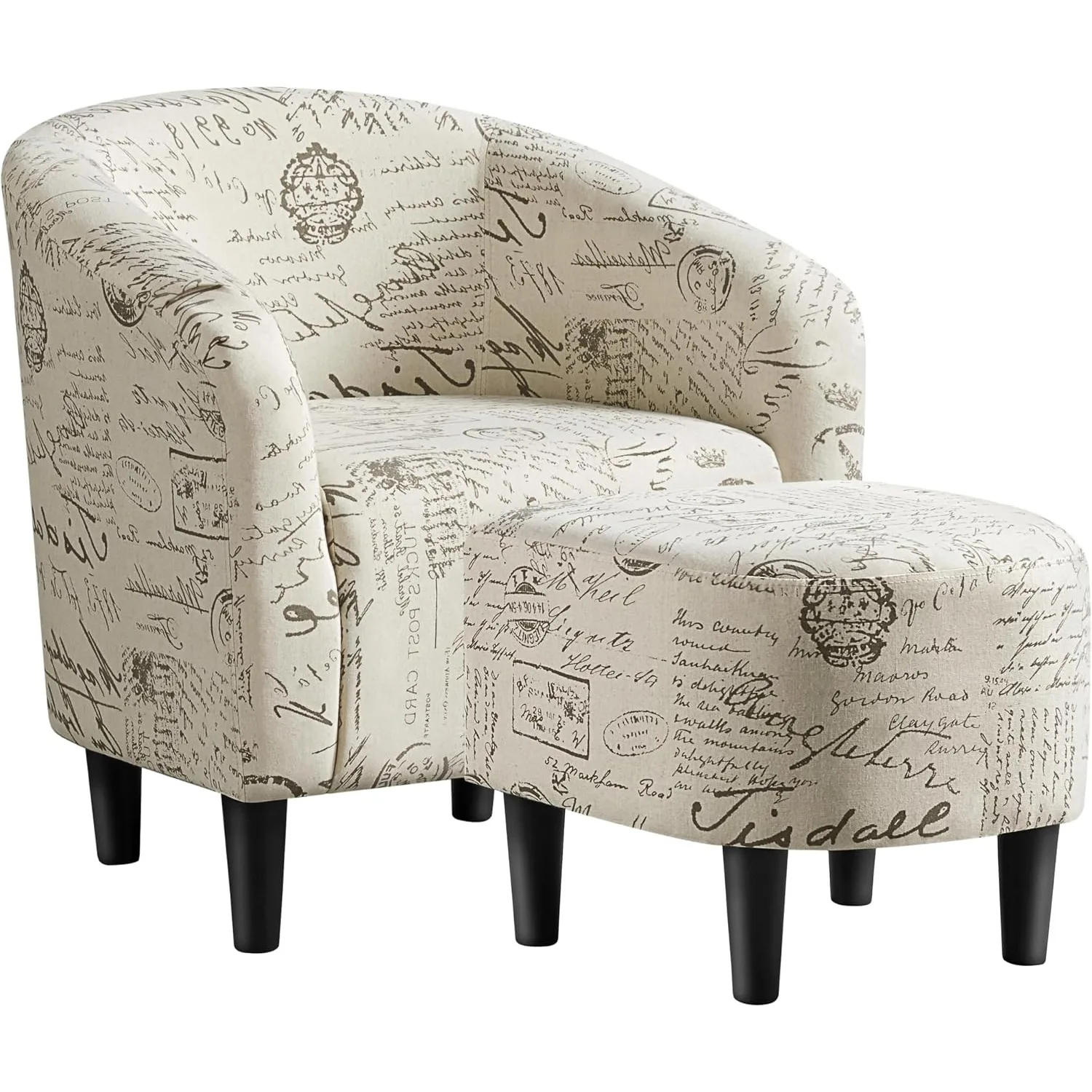 Small 25.5in Wide Boucle Barrel Accent Chair, Letter Print | Compact Cozy Barrel Chair with a Curved Silhouette, Upholstered Furry Armchair for Small Spaces, Living Room Bedroom Corner