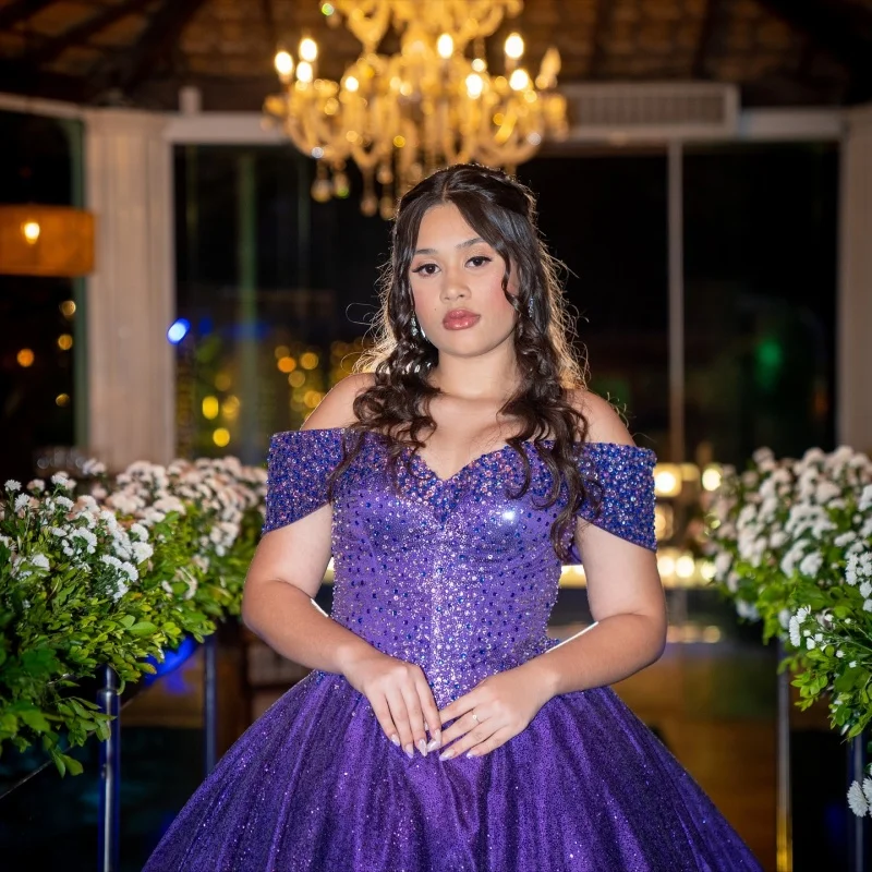 

Shiny Purple Quinceanera Dress Tull glitter crystal Decal Long tail Vestidos De 15 Quinceanera ﻿Customize