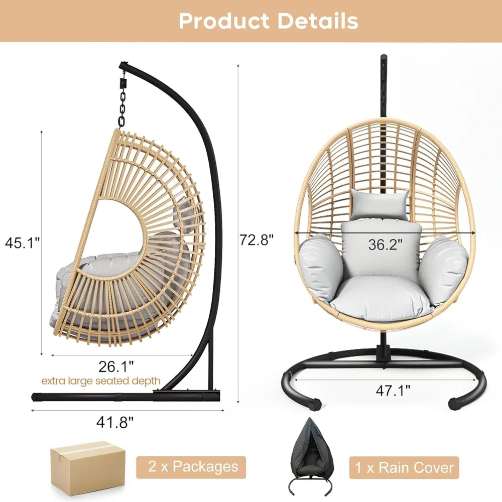 Chaise pivotante d'extérieur en osier toutes saisons avec housse de pluie, support de chaise à œufs robuste de capacité de 400 lb