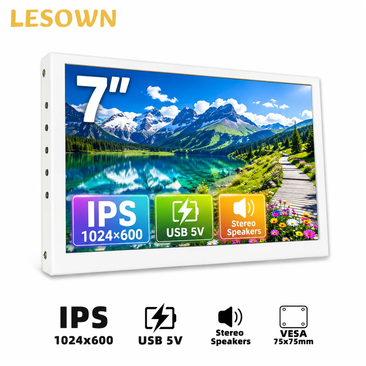 LESOWN 7" Secondary Maker Monitor White Alloy 1024x600 60Hz VESA HDTV Panel for Pine64 Developer Board Multimedia Output
