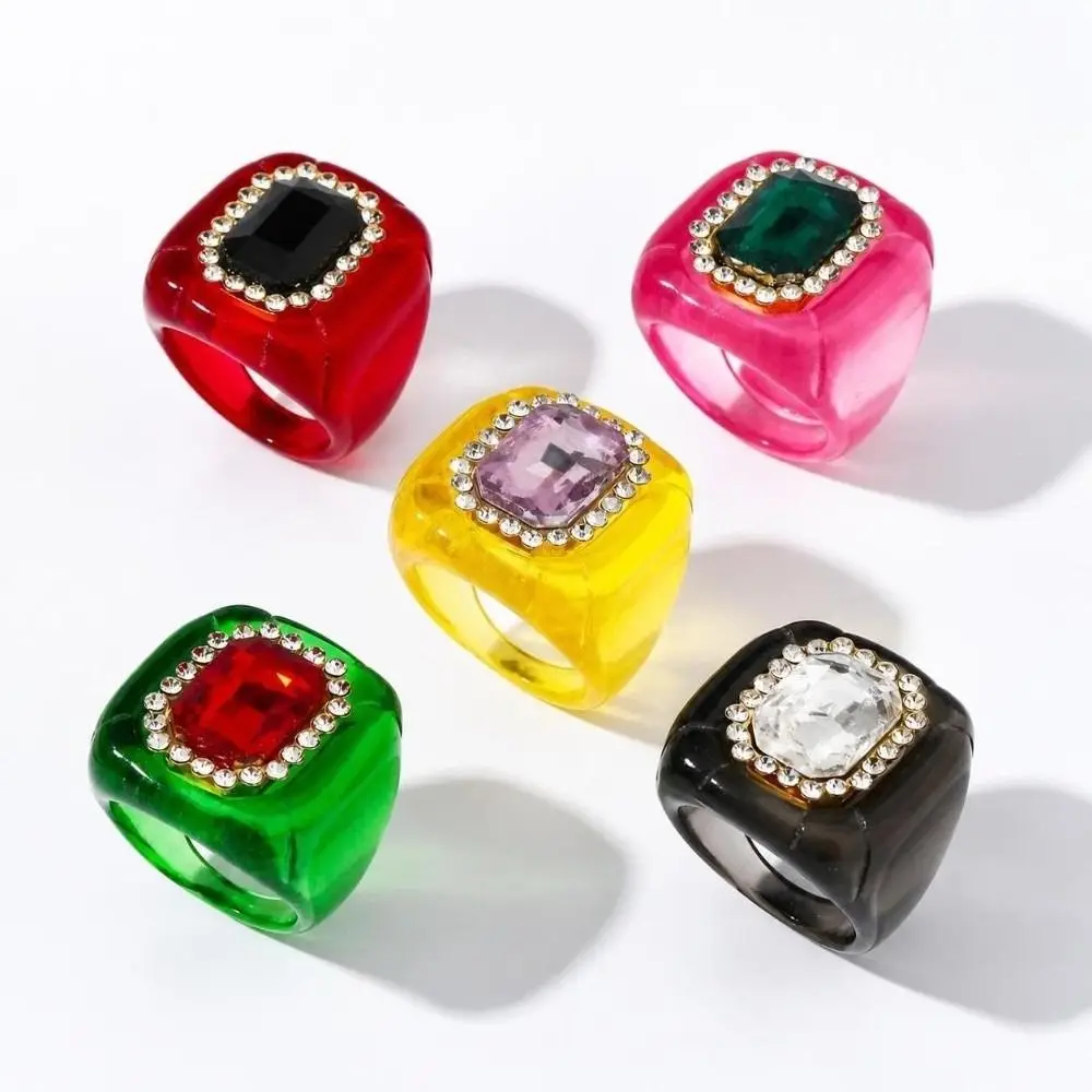 Fashion Resin Rhinestones Ring Colorful Three-dimensional Finger Ring Geometric Elegant Jewelry Square Ring Jewelry Accessories