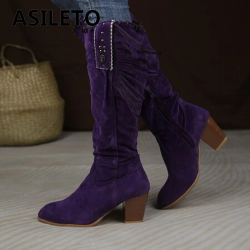

ASILETO 2025 Fashion Women Knee High Boots Flock Suede Round Toe Block Heels 6.8cm Zipper Crystal Big Size 45 46 Dating Bota