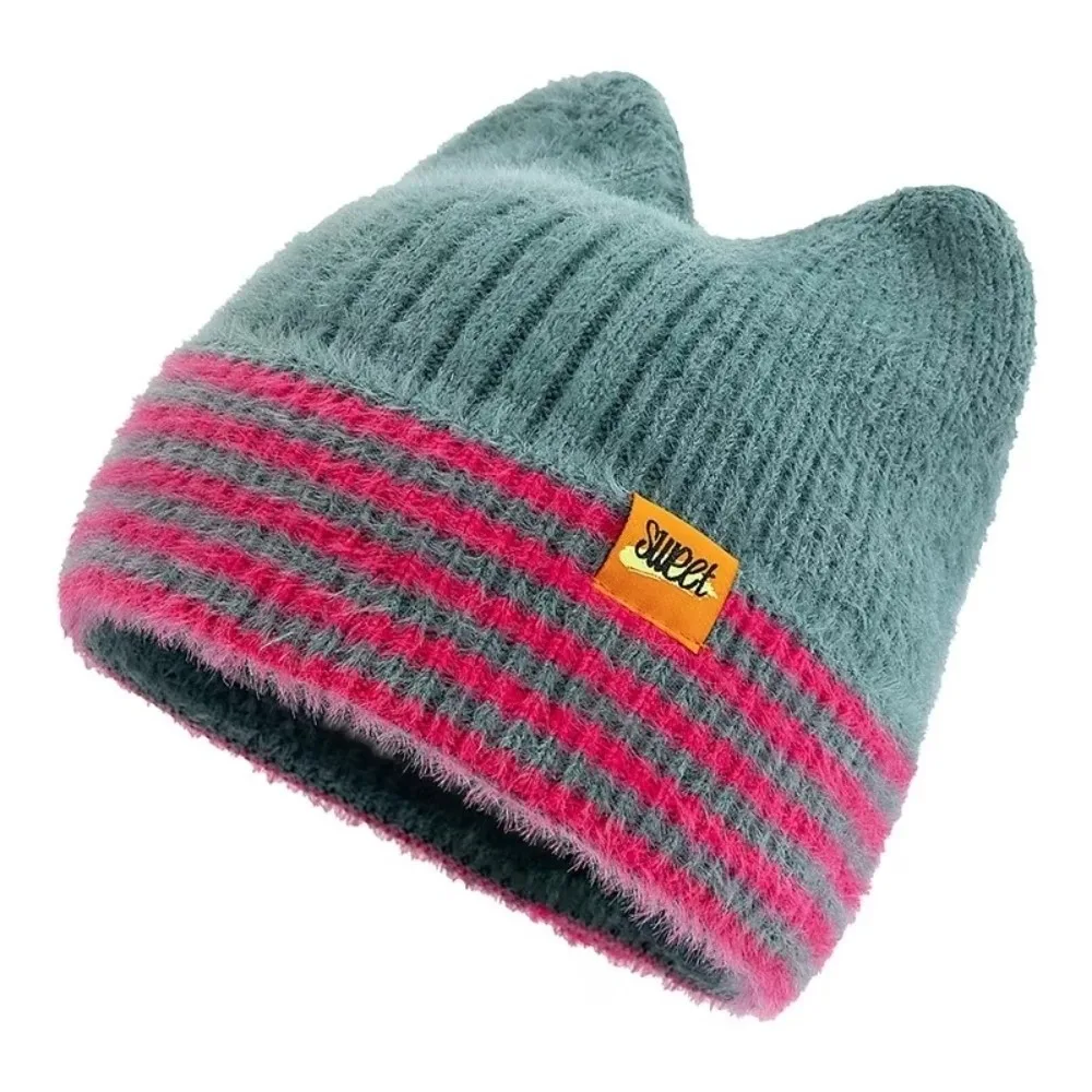 

Trendy Lovely Style Cat Ear Beanie Hat Candy Colors Stripes Pattern Winter Hats Sweet Design Warm Hats Winter Season