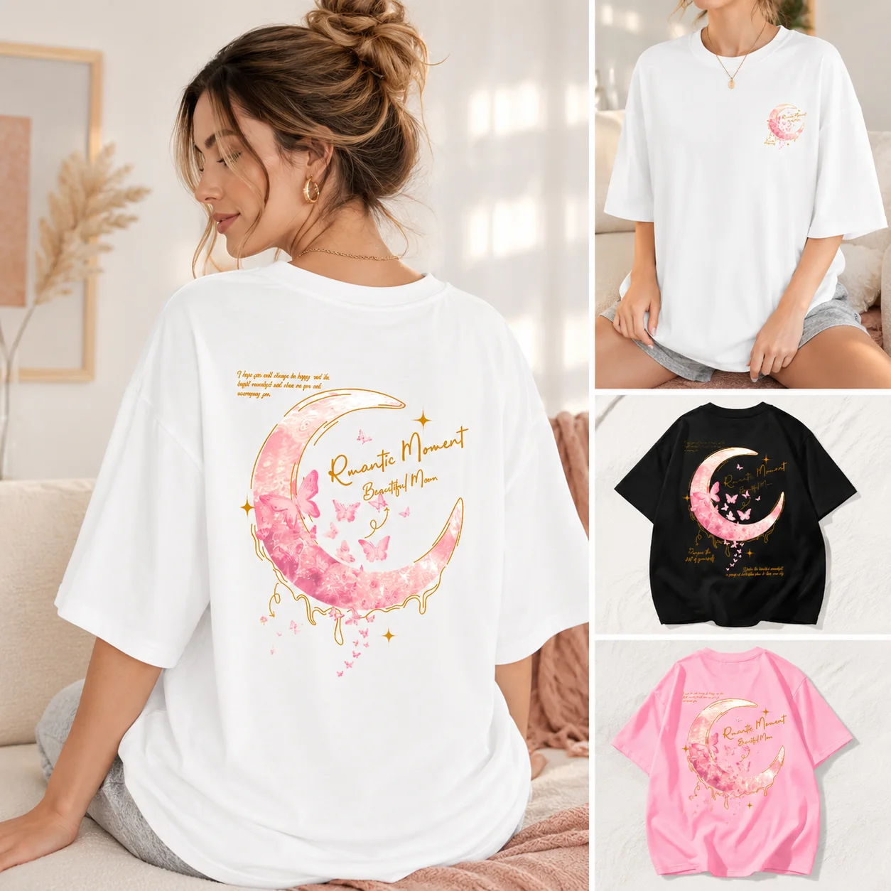EOENKKY Women Moon Butterfly Graphic T Shirt Cotton Short Sleeve Crew Neck Loose Casual Summer Tee Korean Style Top S-3XL