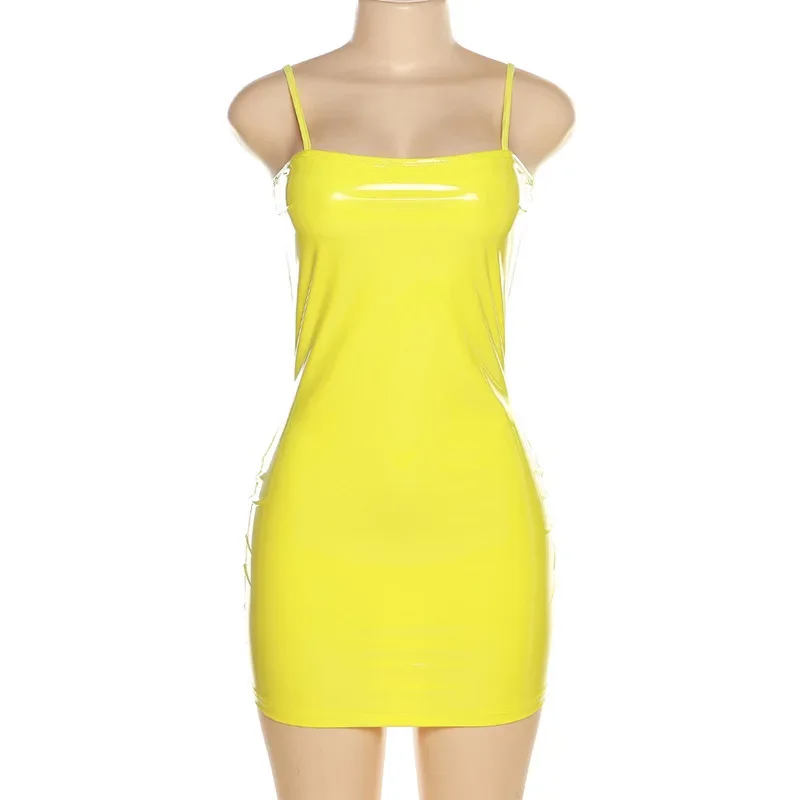 New Sexy Faux Leather Dress Backless Club Party Short Dress Solid Black Wet Look Latex Bodycon Push Up Bra Mini Micro Dress