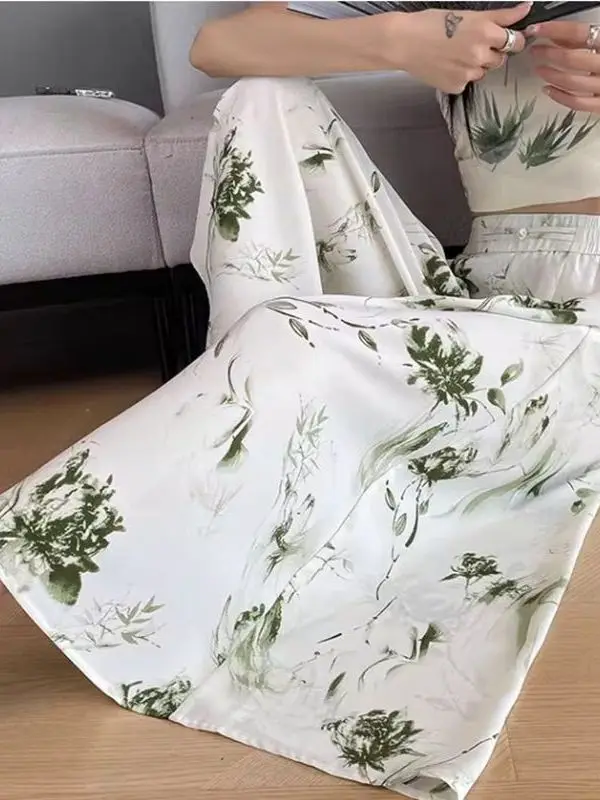 Casual High Waist Wide Leg Half Body Pants Silk Ice Printing Traditional Chinese Style Summer New Fashion Women's Leisure Tro...
