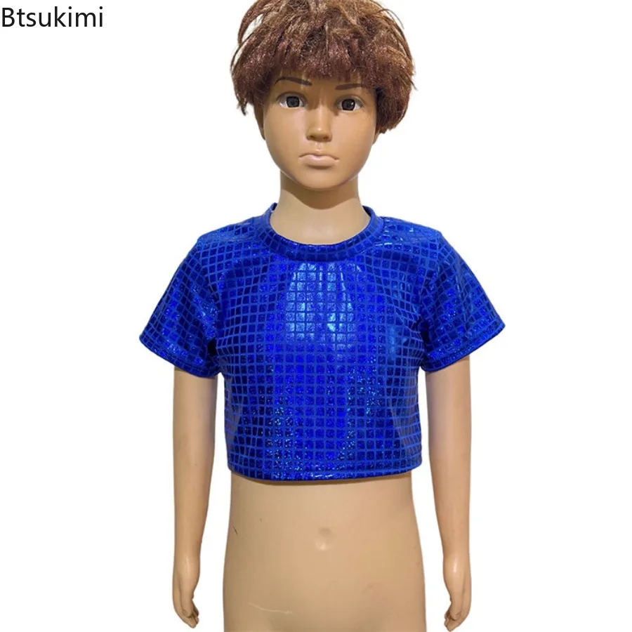 Summer Kids Boy Girl Hip Hop Jazz Outfits Set Short Sleeve Metallic Disco Crop Tops Cheerleading Children's Performance Costume view 5