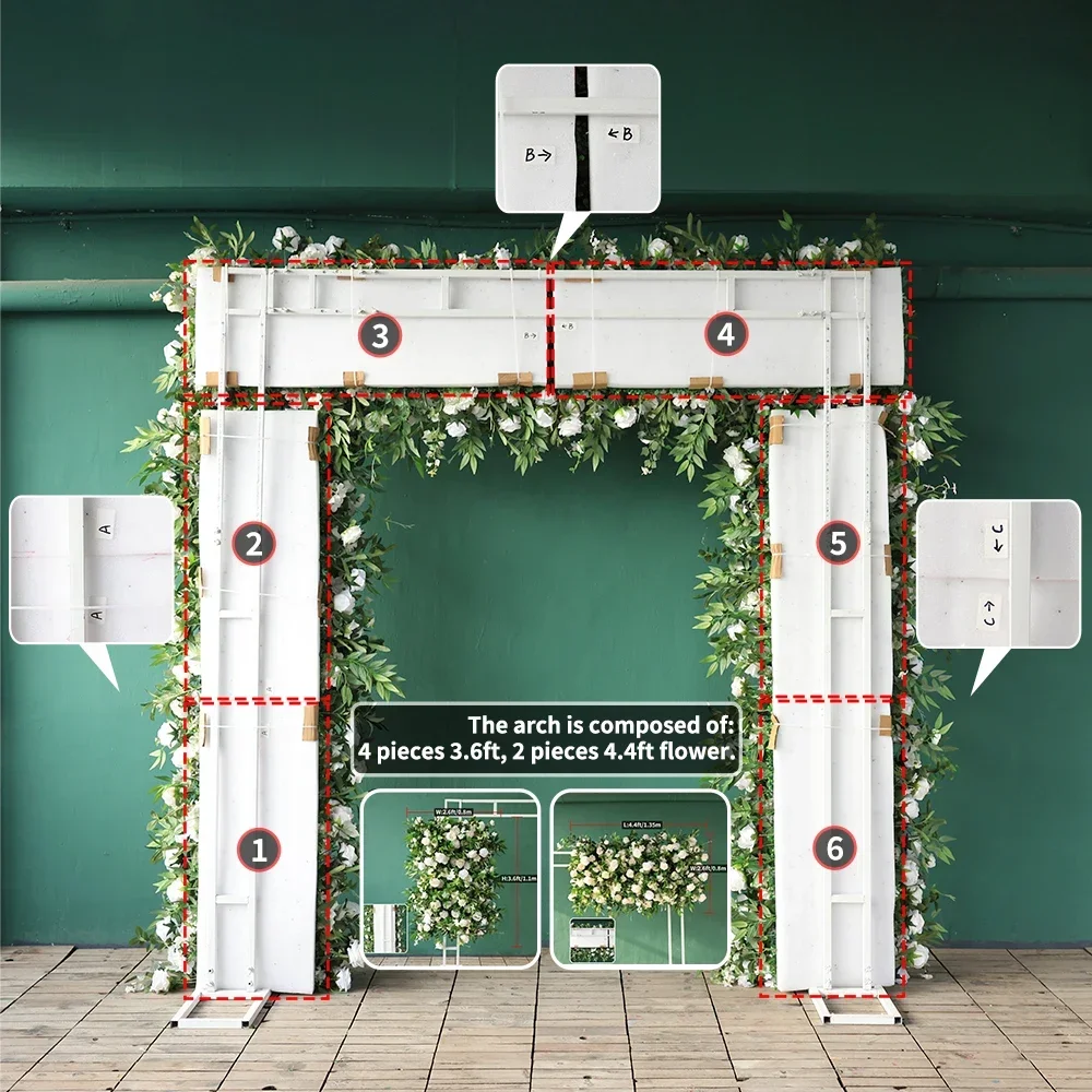 Wedding Mariage Fleur Artificielle Both Side Decoration Arche High Quality Customized Green White Floral Arrangement L4.4x2.6ft