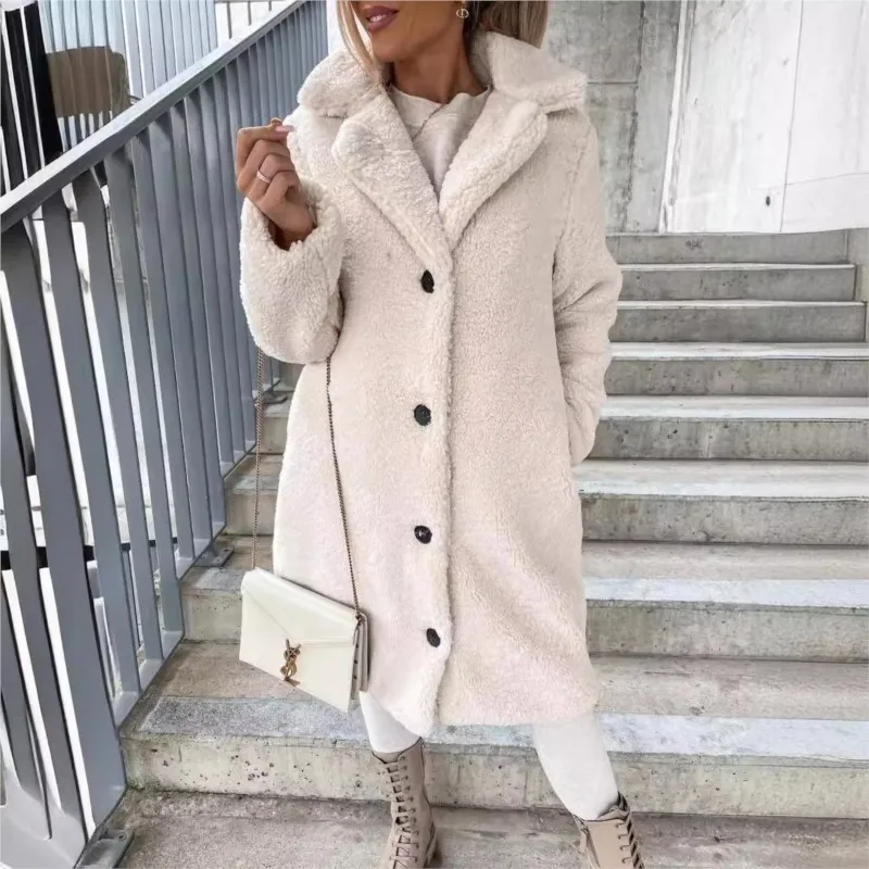 Modischer, einreihiger, langärmliger, solider Mantel aus Plüsch mit Reverstasche für Damen im Herbst und Winter, lässiger, vielseitiger langer Mantel