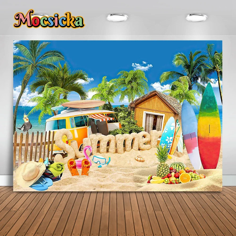 MOCSICKA летний пляжный фон для вечеринки, день рождения, фотобаннер, доска для серфинга, кокосовая пальма, цветы, фон для фотосъемки